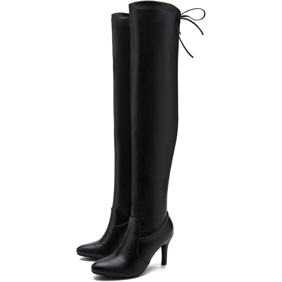 Women Black Polyurethane Pointed Toe Over The Knee Thigh High Stiletto Heel Boot - Picture 2 of 7